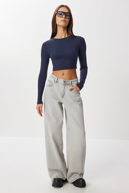 Basic Crop Modal Bluz LUB0260 LACİVERT