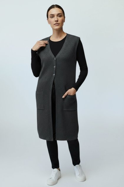 Women's Long Vest with 3 Buttons on the Front and Top Pocket