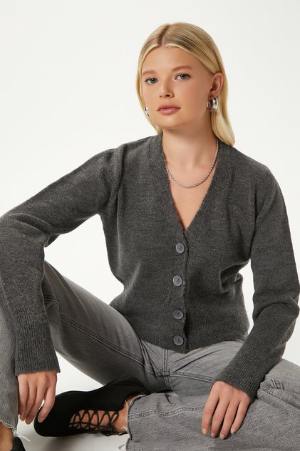 Women's Bold Soft Texture V-Neck Anthracite Knitwear Cardigan 70148