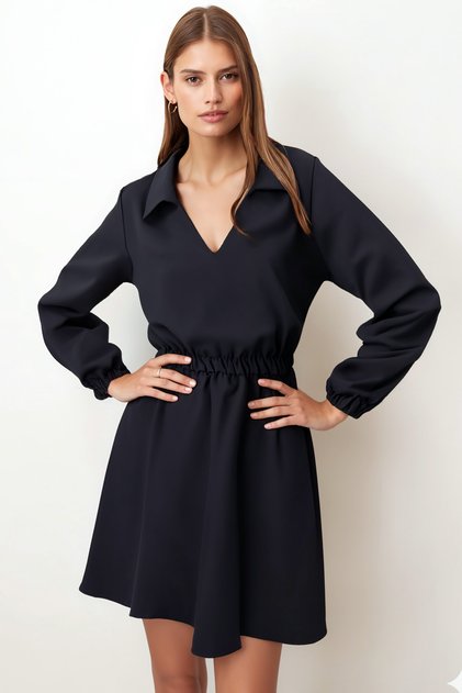 Women's Smoked Shirt Collar Detailed Dress with Elastic Waist and Sleeves Arm-26K001023