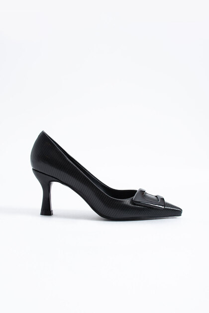 Ulvia Women's Stiletto Buckle Detailed Heeled Shoes Black Striped