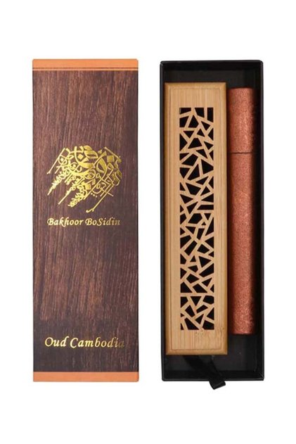 Bakhoor 20 Piece - Cambodian Oud Incense Sticks with Wooden Bakhoor Burner Brown