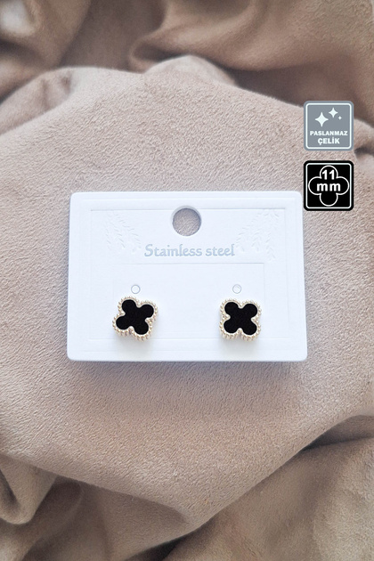 🍀 4 Leaf Clover Steel Earrings 🎨 Black Gold Small
