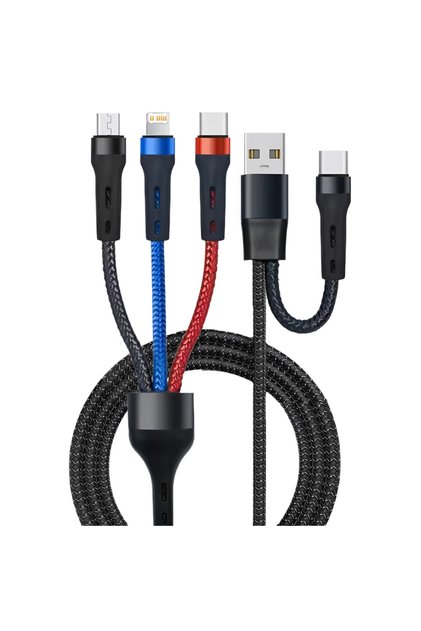 Black 240W 3 In 1 Fast Charging Cord For Micro USB Type C Charger Cable 1.2m Multi Usb Port Multiple