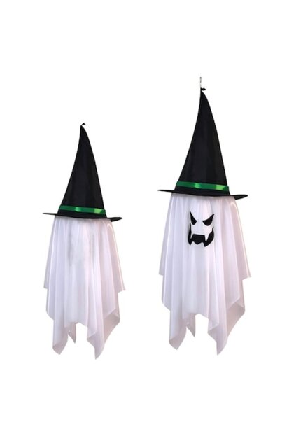 Decor petrecere Fantoma halloween cu lumini LED si palarie de vrajitor, 105 cm, Alb/Negru