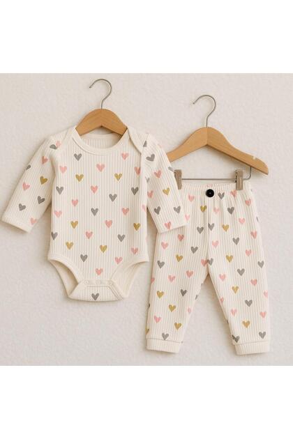 2-Piece Heart Patterned 100% Cotton Baby Girl Bodysuit and Pants Set