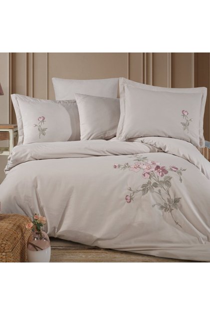 Premium Palmyra Stone - Poplin Double Embroidered Duvet Cover Set