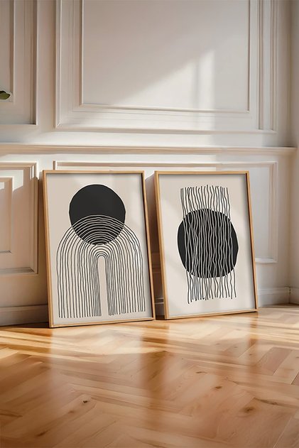 Wooden Framed 2 Piece Set Painting Huhu137 - Double Painting Set Natural Wooden Frame