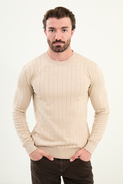 Patterned Slim Fit Crew Neck Men's Knitwear Sweater Beige - 11577.25K