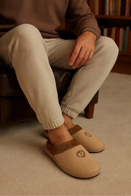 Nordic Men's Slippers Bundle Corduroy Fabric Embroidered Comfortable Soft Sole Fur Indoor Shoes