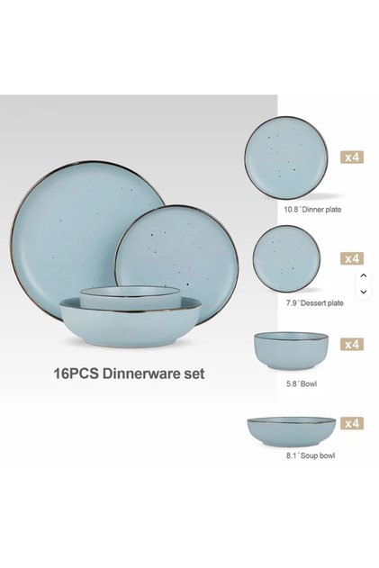 Set de masa din ceramica, 16 piese, 2 farfurii + 2 boluri, Bleu