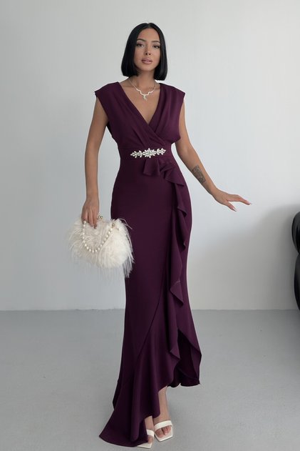 Women's Plum Purple Scuba Diving Fabric Double-Breasted Collar Skirt Flared Evening Dress Graduation Wedding Dress