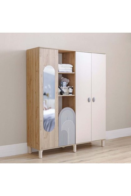 Zeta 4-Door Swing Door Wardrobe with Mirror & Open Shelves - Offwhite & Grey - Engineered Wood