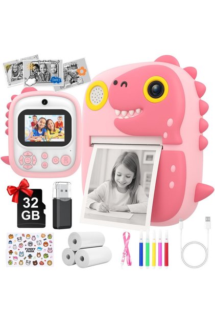 Aparat foto instantaneu SnapiCam DINO Imprimare fără cerneală, Video HD, Tehnologie sigură pentru copii, Selfie, Muzică, Roz