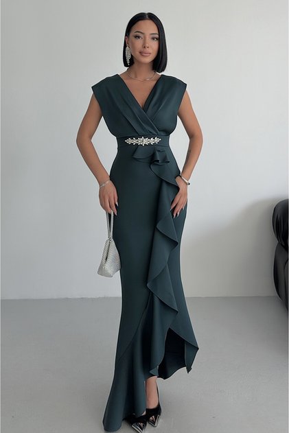 Women's Emerald Green Scuba Diver Fabric Double Breasted Collar Skirt Flounce Evening Dress Graduation Wedding Dress