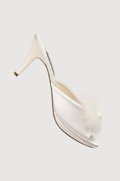 Women's Ecru Heeled Feathered Rose Detailed House Slippers Daily Dowry Gift Vr.Gc.01.T90.Y19