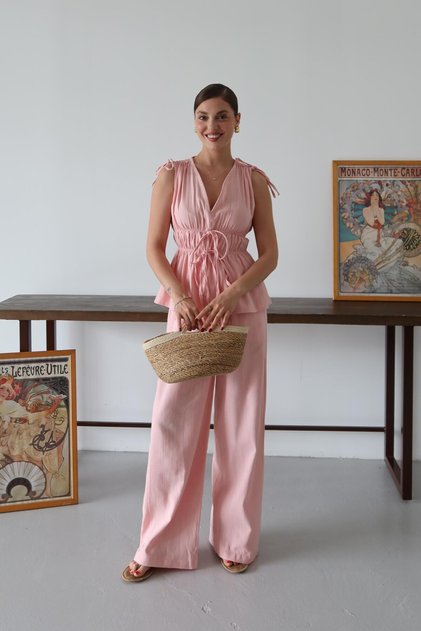 Pink 100% Cotton Shoulder Waist Gathered Blouse Pants Set