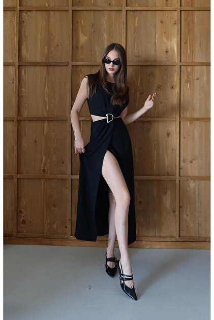 Laluvia Black Front Buckle Side Cutout Dress- Trendyol Laluvia Black Front Buckle Side Cutout Dress- Trendyol
