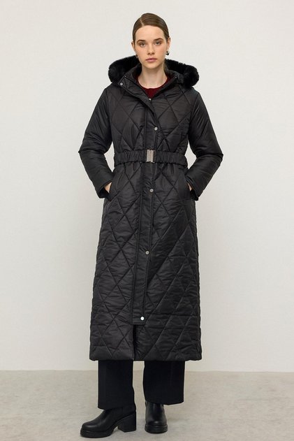 Removable Fur Hooded Zipper Closure Long Quilted Coat Black 6791