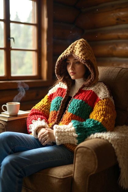 Zuviel Deco Handmade El yapımı örgü retro kapüşonlu chunky hırka