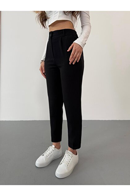 Women's High Waist Elastic Carrot Cut Collet Fabric Pants