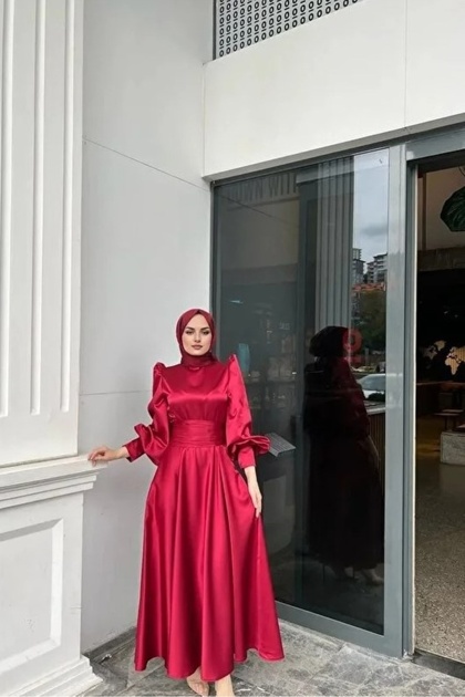 ALFUDO Moda Collection Burgundy Satin Hijab Graduation Evening Dress - Belt  Detail- Trendyol