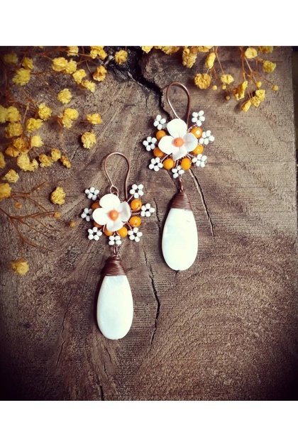Copper Wire Wrapped Fimo and Stone Handmade Earrings