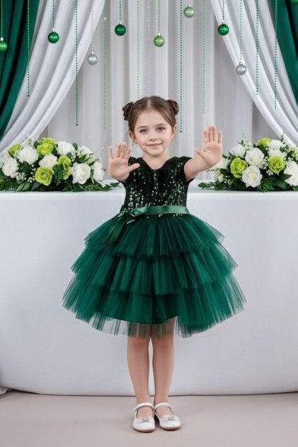 Sequined Layered Green Children's Evening Dress Show Party Dress 23Nisan Dress Aby182