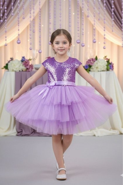 Sequined Layered Lilac Children's Evening Dress Show Party Dress 23Nisan Dress Aby182