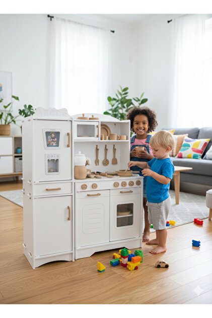 Özka Hobi Ahşap prenses oyuncak mutfak seti beyaz buzdolaplı