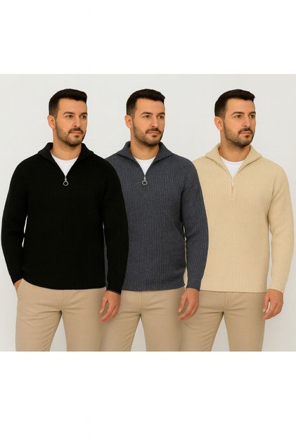 3Pcs Men's Corded Fabric Half Zipper Collar Detailed Sweater Black Smoked Beige