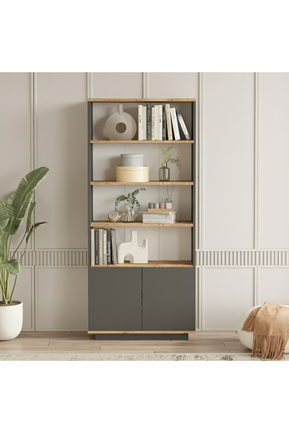 Yurudesign Future Kitaplık Raf 2 Kapaklı Raflı 168cm Çam-Antrasit