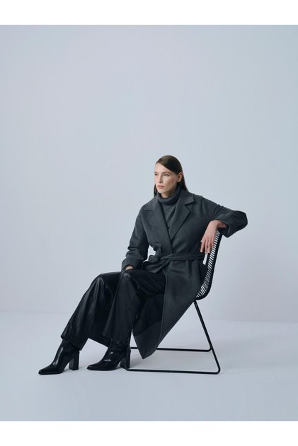Oversize Coat with Brooch and Large Pockets Dark Gray