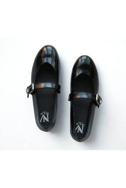 Black Wrinkled Patent Leather Genuine Leather Single Strap Women's Daily Ballerinas