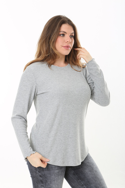 Women's Plus Size Gray Crew Neck Self-Striped Long Sleeve Blouse 65N37529