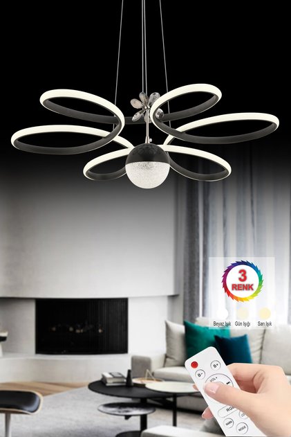 İstanbul Avize Papatya Siyah Kumandalı 3 Renk Ledli Modern Led Avize