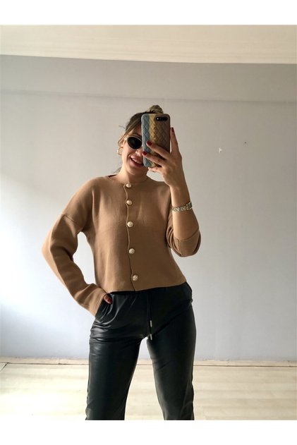 Women's Camel Color Gold Gold Button Detailed Jacket Cardigan