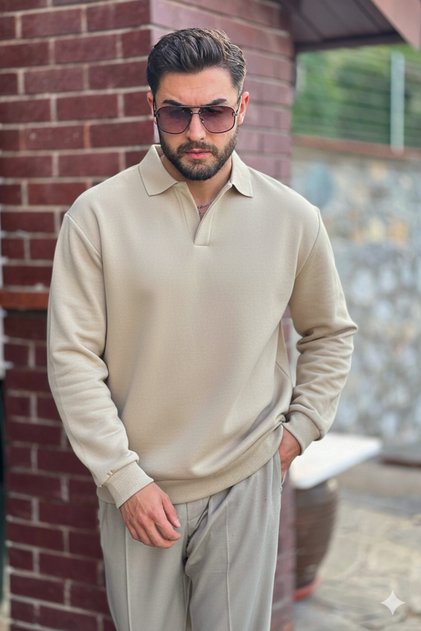 Erkek Bej Polo Yakalı Pamuklu Yumuşak Kalın Kumaşlı Oversize Sweatshirt