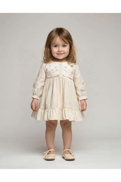 100% Cotton Baby Girl Floral Embroidered and Cotton Lace Bib Collar&Zippered&Lined Long Sleeve Dress