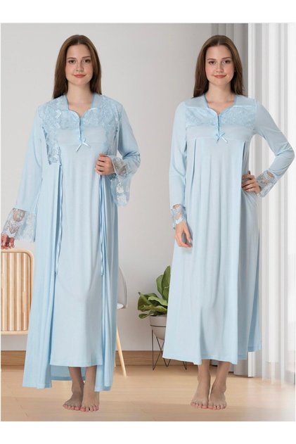 Women's Blue Lace Detailed Full Length Winter Long Sleeve Design Maternity Dressing Gown Nightgown Set