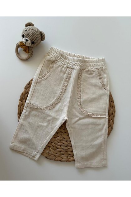 Baby Girl/Child Beige Linen Trousers with Embroidery Detail
