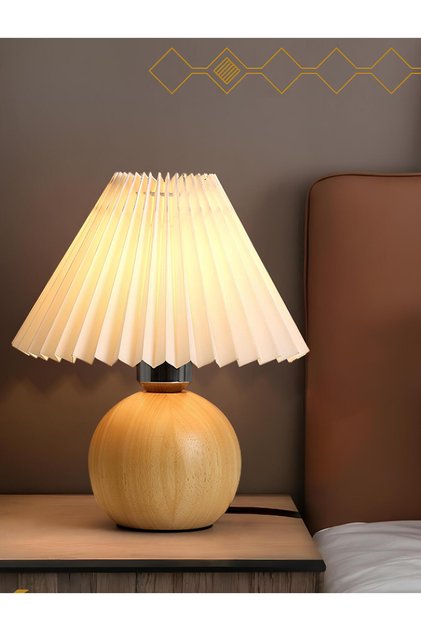 Modern Umbrella Trend Abajur Ahşap Detaylı Pileli Krem Şapka Masa Lambası