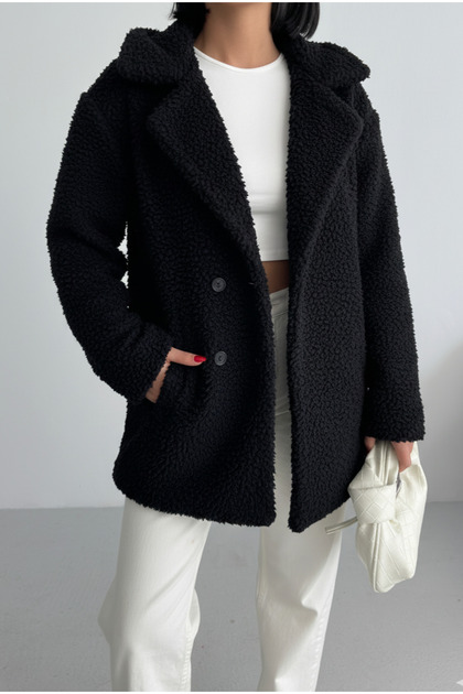 Women's Plush Short Black Coat