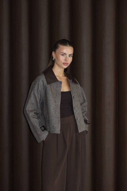 Hayal Leather Trimmed Herringbone Jacket
