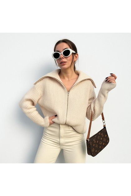 Kadın Fermuarlı oversize Devrik Yaka Triko Hırka