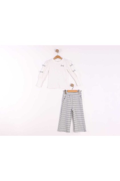 Jacquard Pants with Bow Appliques, Elastic Waist, Pockets, Sleeves with Shoulder Drawbands, Lycra Girls' Set
