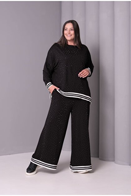 Women's Plus Size Black, Stone Embellished, Wide Leg, Ribbed Detailed Tracksuit Set 65N39183