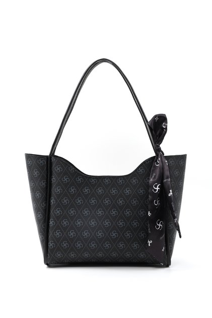 Monogram Printed Black Shk240 Faux Leather Zippered Single Compartment Handbag, Arm Bag and Shoulder Bag with Scarf Gift