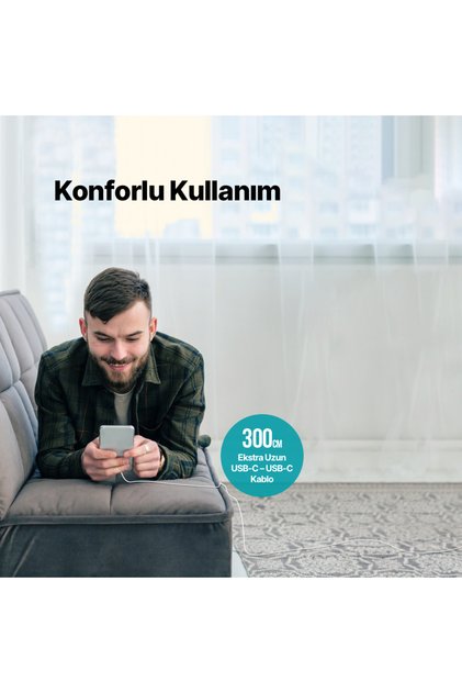 Çift Taraflı USB-C-USB-C 300cm 60W PD/QC Hızlı Şarj/iPhone 15/15Pro/16/16ProMax/Sam S23/24/25 Uyumlu