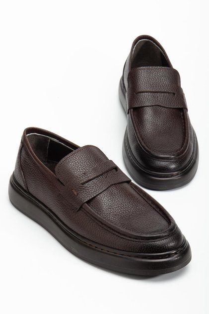 Genuine Leather Men's Casual Shoes Brown Belted College Model Flat Sole